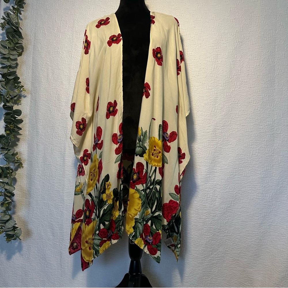 Umgee Floral Green/Red/Yellow Lightweight Kimono Size M/L